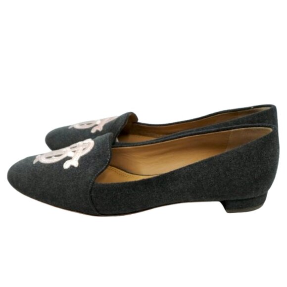 TORY BURCH~GRAY ANTONIA TEXTILE PINK EMBROIDERY LOGO LOAFERS FLATS SHOES Sz 8 - Picture 3 of 6